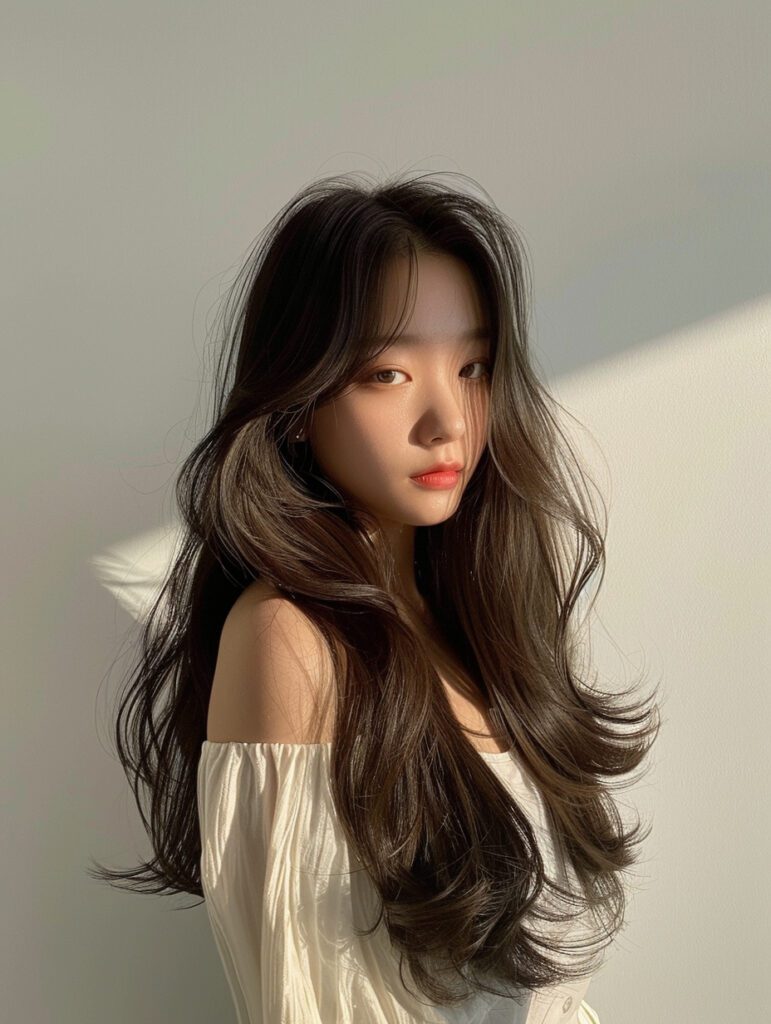 Romantic Vibe: The Hottest Korean Long Hair Styles of 2025 at Seoul Hair Salon 3 Seoul Hair Salon’s Long, wavy hair beautyful style white background.
