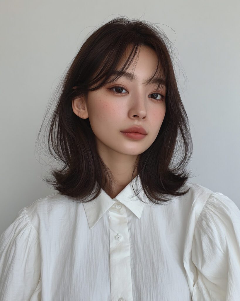 Choosing the Right Medium Hair Perm for Fine Hair (Expert Tips from Seoul Hair Salon) 137 Seoul Hair Salon’s Person with shoulder-length hair, white shirt.