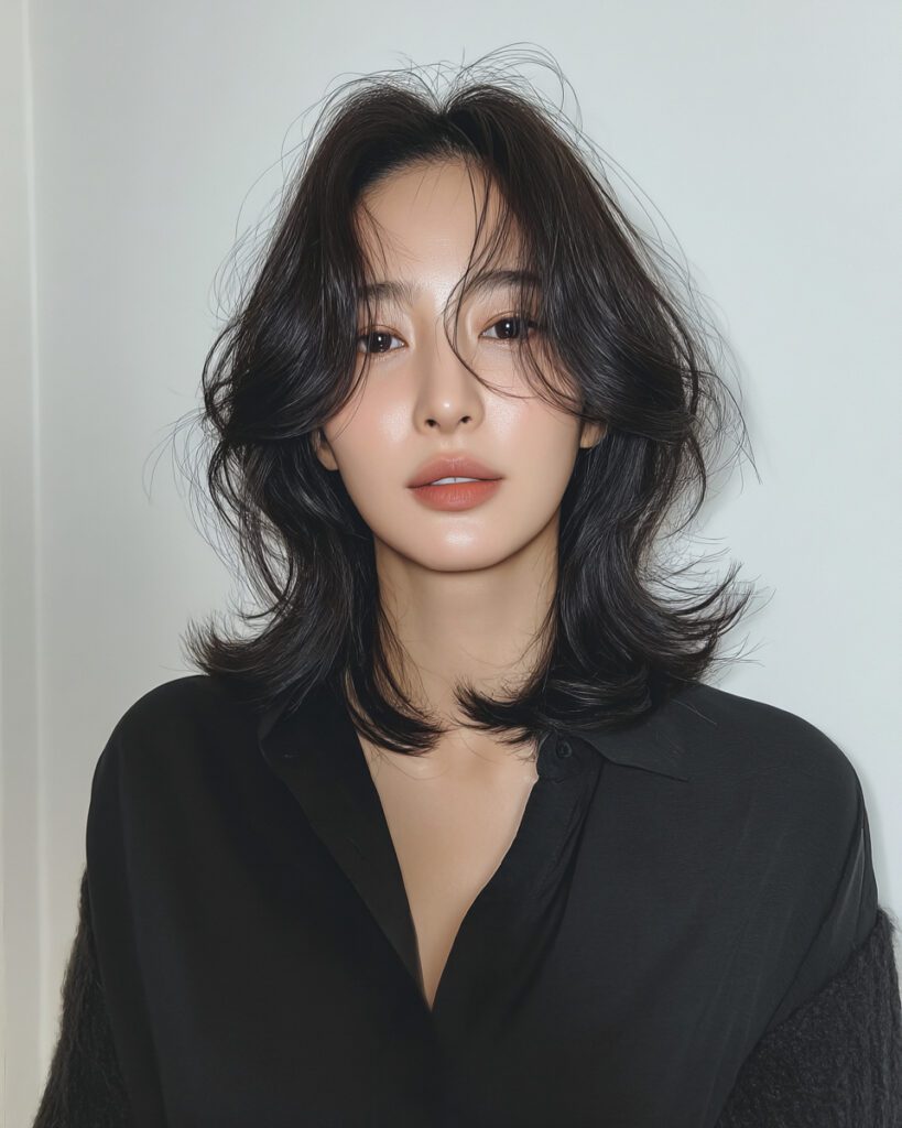 Modern & Soft: The Korean Billow Perm for Medium Length at Seoul Hair Salon 3 Seoul Hair Salon’s Woman with long, wavy dark hair.