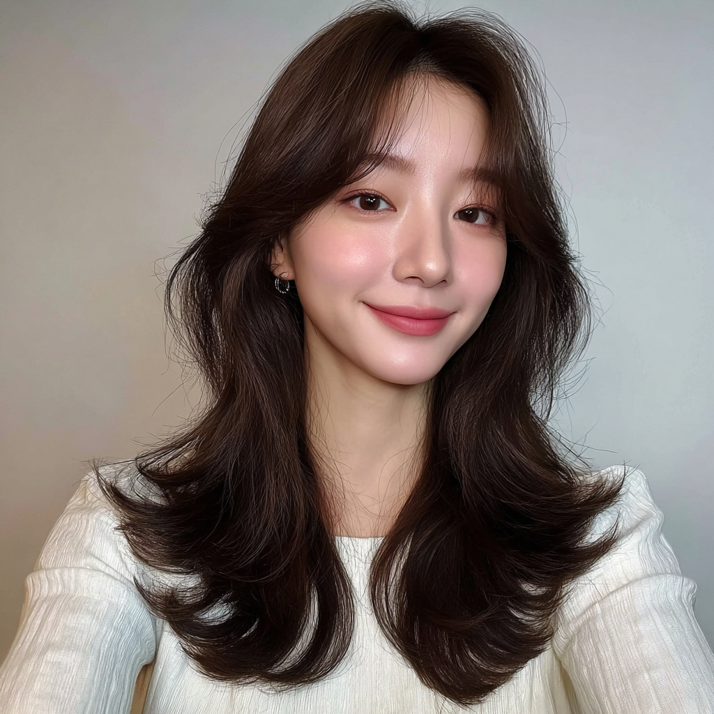 Long, wavy hair with soft layers.