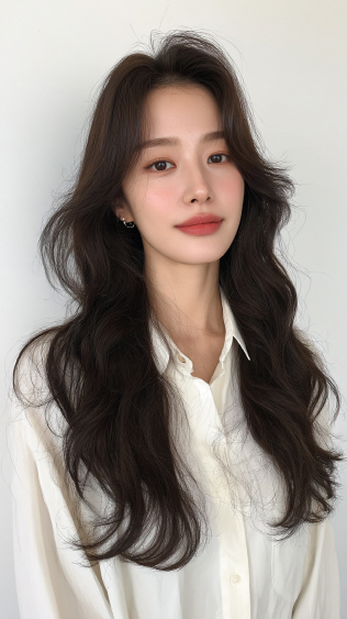 Seoul Hair Salon’s Long wavy, dark brown hairstyle.