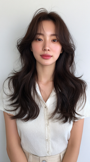 Seoul Hair Salon’s Long, wavy, dark hair, cozy sweater.