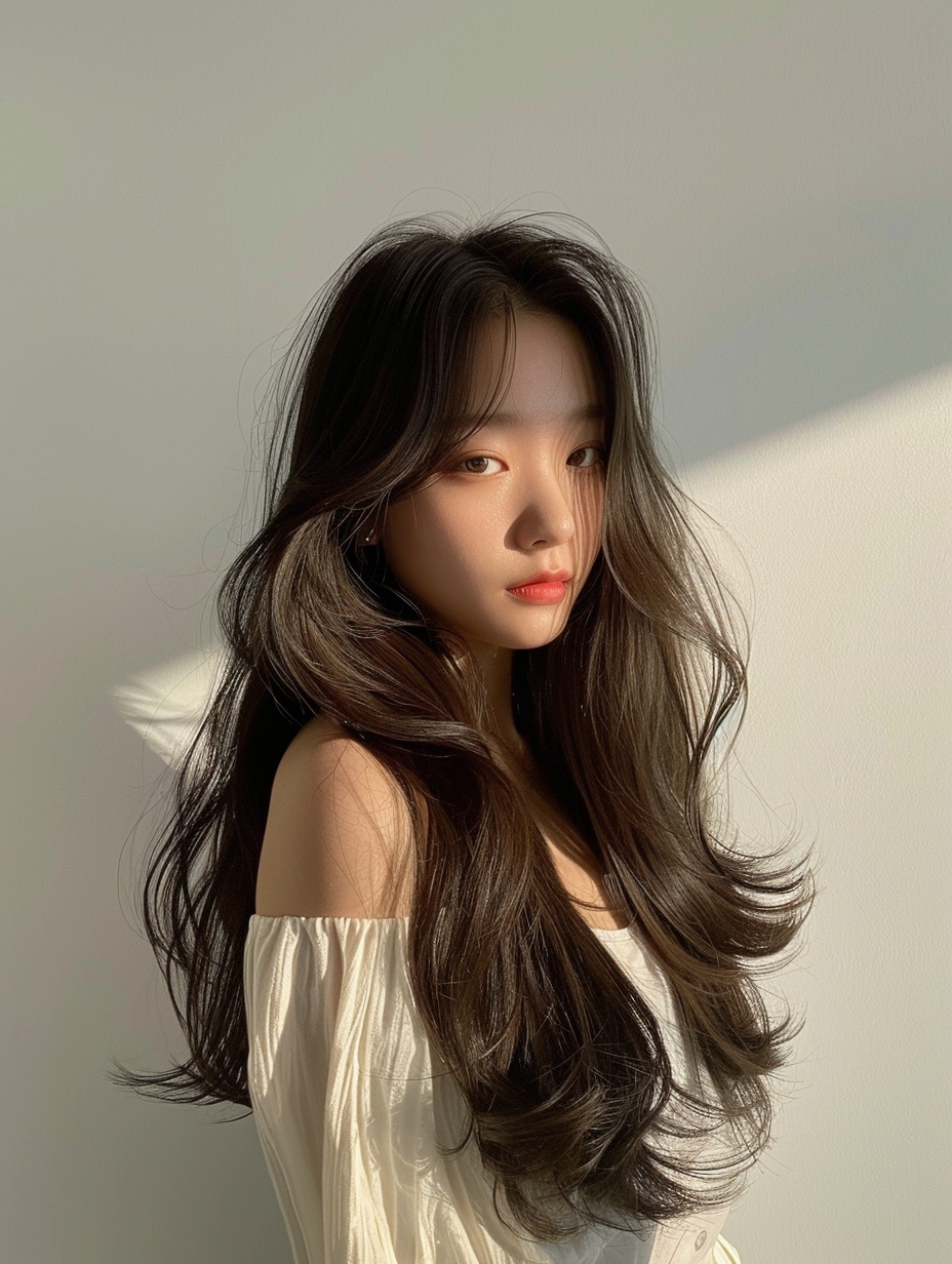 Seoul Hair Salon’s Long, wavy hair beautyful style white background.