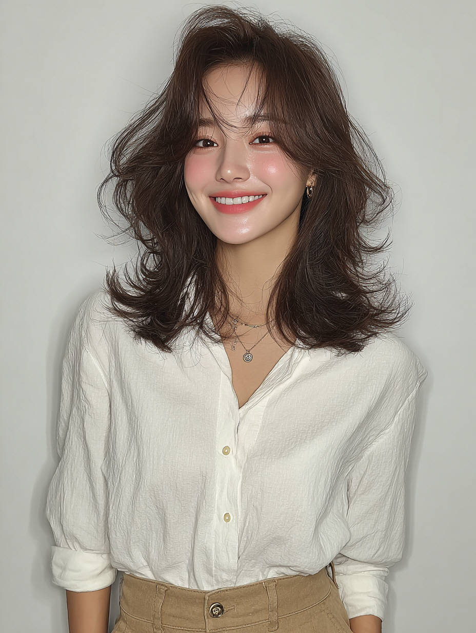 Woman with stylish hair and blouse.
