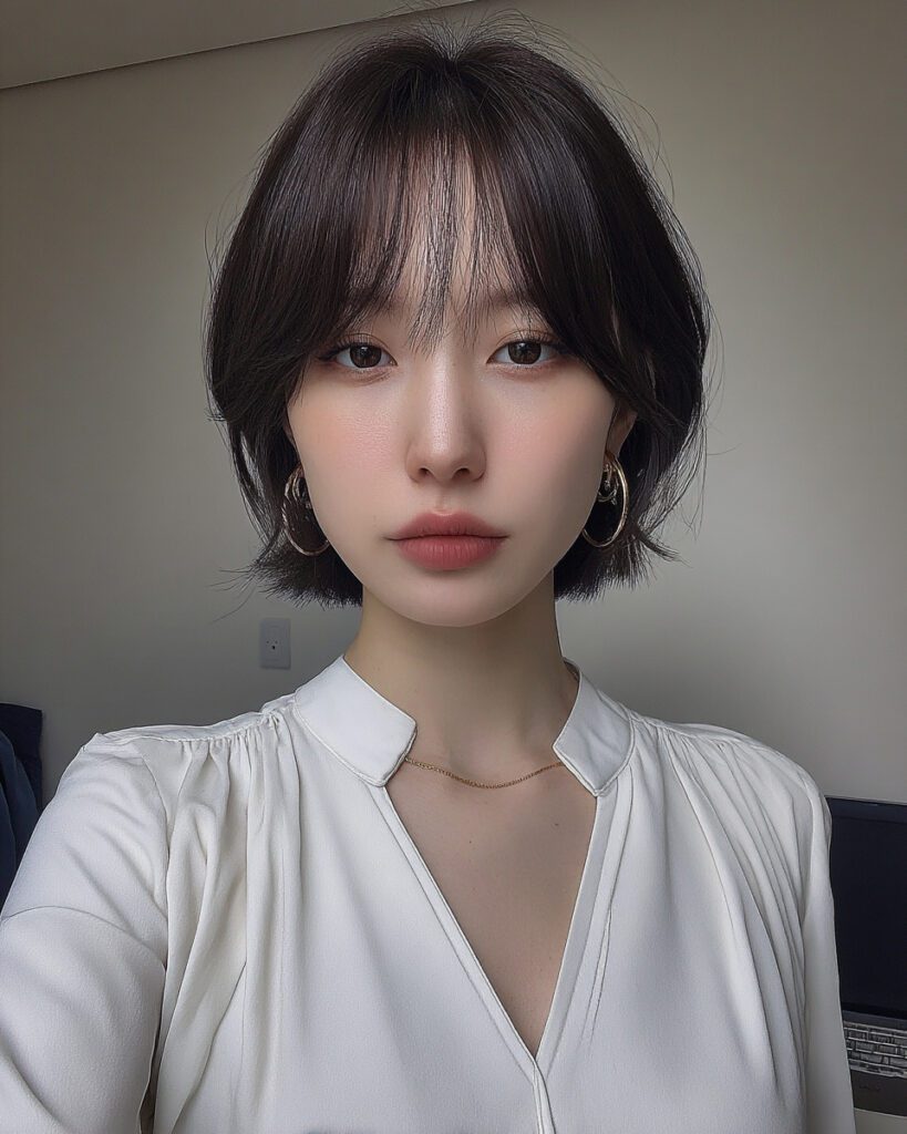 Low Maintenance, High Impact: Your Perfect Short Haircut at Seoul Hair Salon 1 Seoul Hair Salon’s Woman in white blouse, stylish haircut.