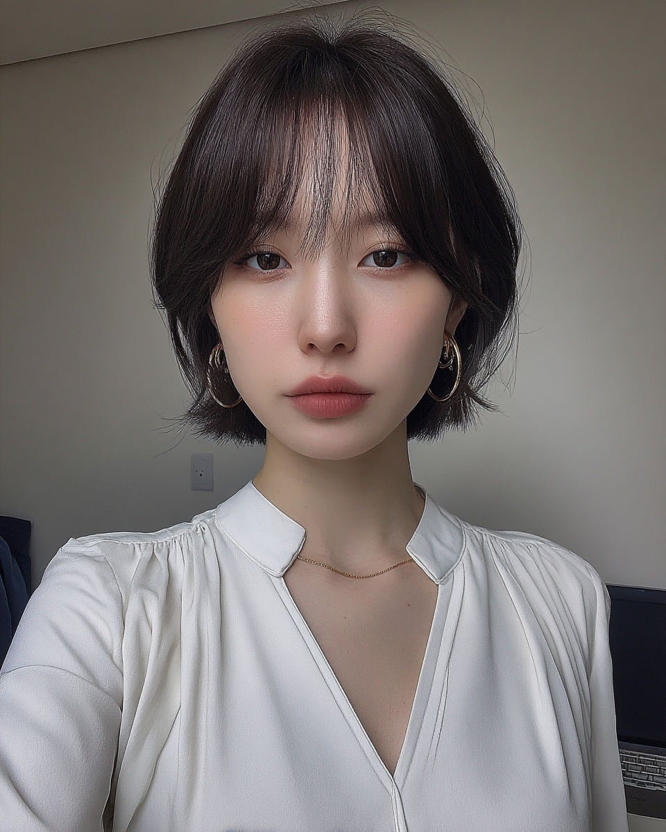 Seoul Hair Salon’s Woman in white blouse, stylish haircut.